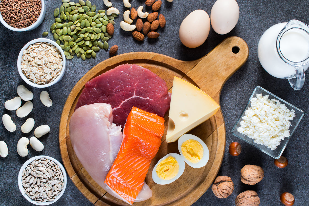 Assorted foods including meat, fish, eggs, and nuts to meet your protein goals