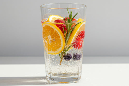 Hydration hacks by the painless period clinic. A clear glass tumbler filled with sparkling water, sliced orange, lemon, and berries, with a rosemary spring.